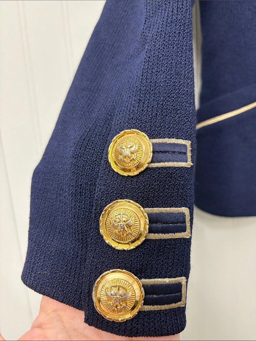 St. John Navy Blue and Gold Blazer and Skirt Suit Set Women Size 6